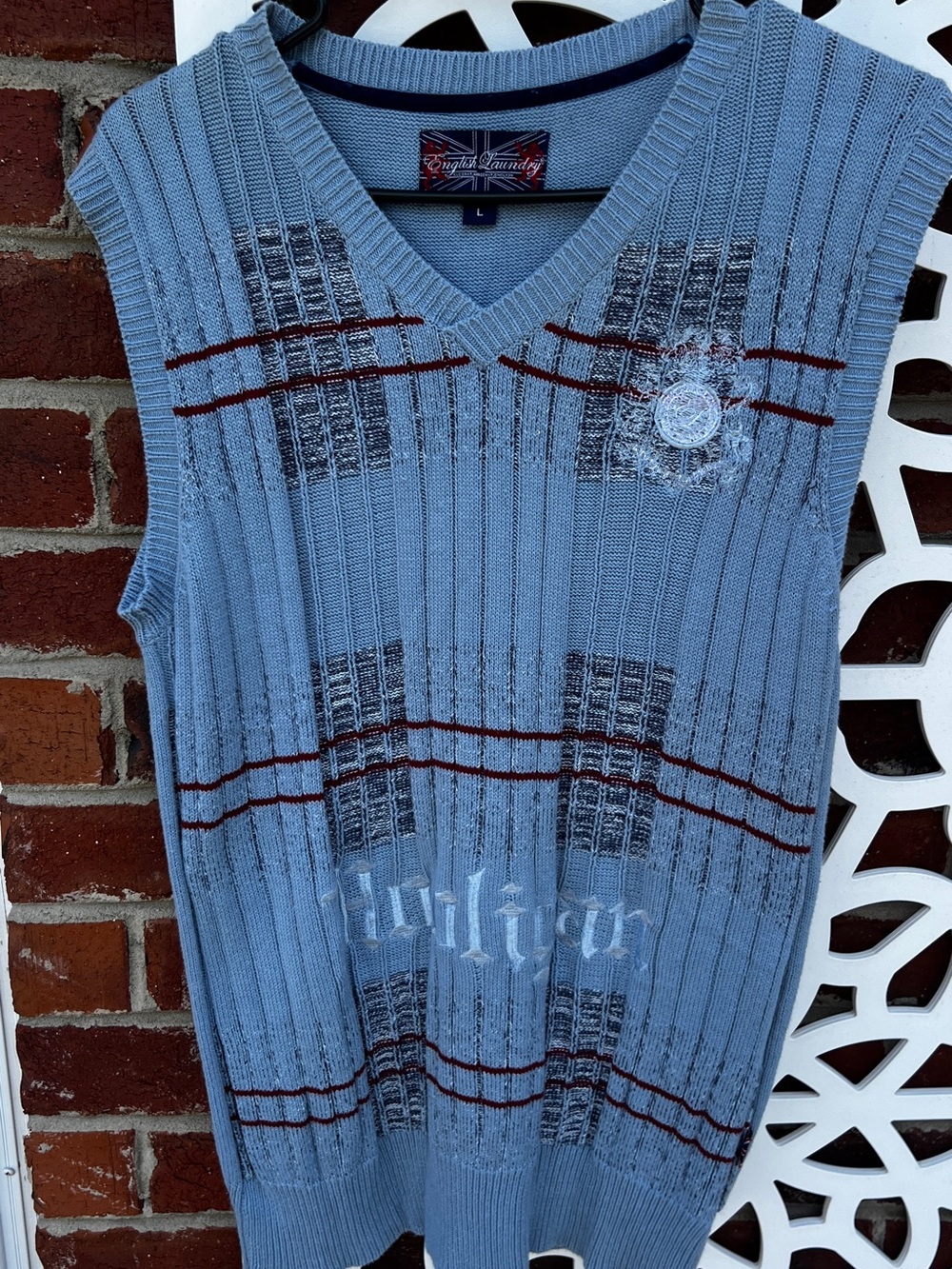 English Laundry Blue Knit Sweater Vest Embroidered Crest Size L Y2K Preppy